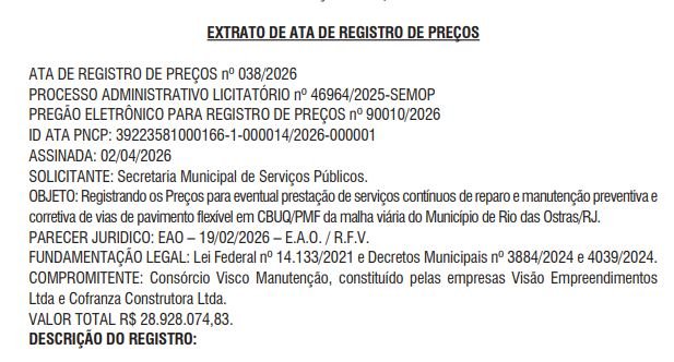 Consórcio leva R$29 milhões para cuidar das ruas de Rio das Ostras