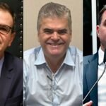 O prefeito do Rio, Eduardo Paes (PSD), o ex-prefeito de Duque de Caxias, Washington Reis (MDB) e o senador Flávio Bolsonaro (PL)