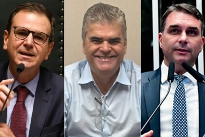 O prefeito do Rio, Eduardo Paes (PSD), o ex-prefeito de Duque de Caxias, Washington Reis (MDB) e o senador Flávio Bolsonaro (PL)