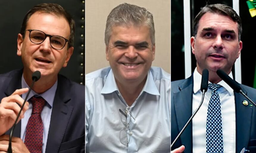O prefeito do Rio, Eduardo Paes (PSD), o ex-prefeito de Duque de Caxias, Washington Reis (MDB) e o senador Flávio Bolsonaro (PL)