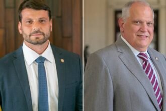 O secretário estadual de Meio Ambiente, Bernardo Rossi (Solidariedade), e o ex-prefeito Rubens Bomtempo (PT)