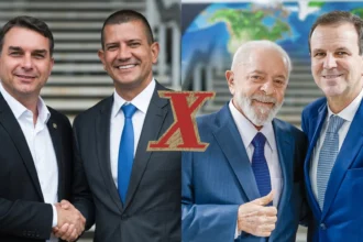 Flávio Bolsonaro e Douglas Ruas, e Eduardo Paes e Lula. | Foto gerada com IA
