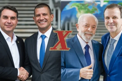 Flávio Bolsonaro e Douglas Ruas, e Eduardo Paes e Lula. | Foto gerada com IA