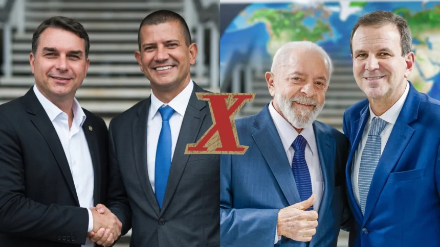 Flávio Bolsonaro e Douglas Ruas, e Eduardo Paes e Lula. | Foto gerada com IA